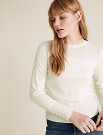 M&S Textured Crew Neck Button Detail Jumper Light Cream