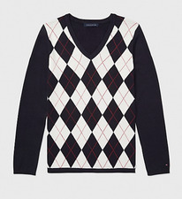 TH  ARGYLE V-NECK SWEATER Sky Captain/Ivory/Scarlet