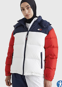 TH THE ALASKA HOODED COLORBLOCK PUFFER JACKET Deep Crimson/Multi