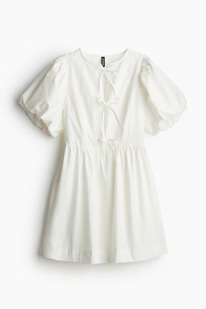 �� Tie-detail puff-sleeved dress Cream