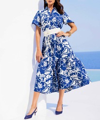 christmann Heine Druckkleid m. Hemdkragen und Glocken&auml;rmel, royalblau-ecru